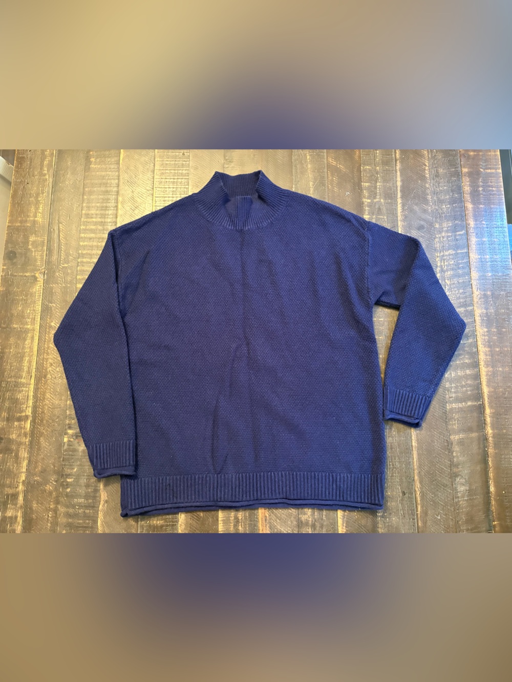 Women's Navy Blue Mock Turtleneck Sweater Chunky Knit Roll Hem Sleeves